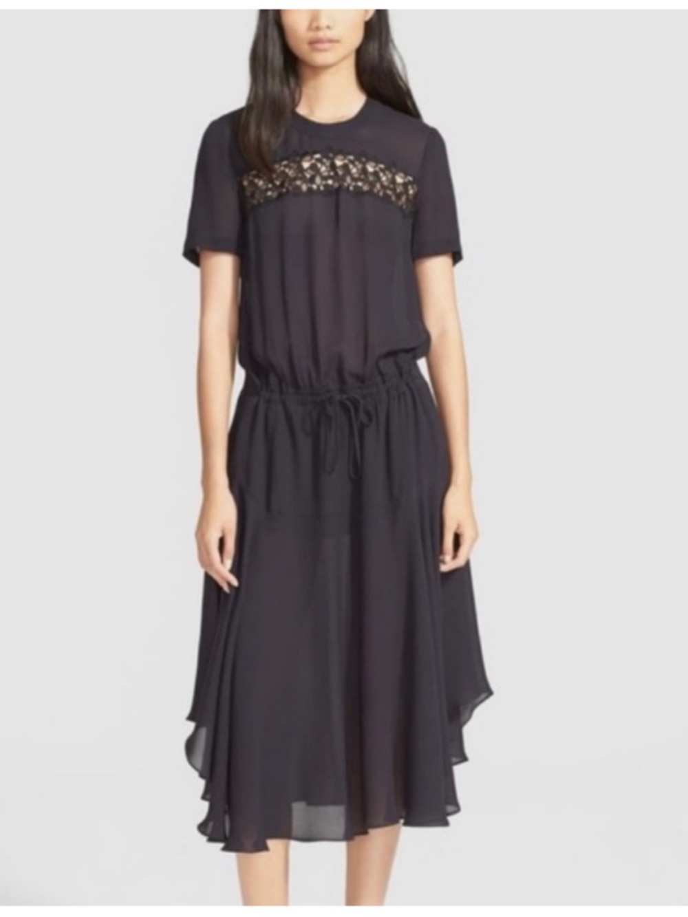 A.L.C. Black Short Sleeve Lace-Trim Midi Dress